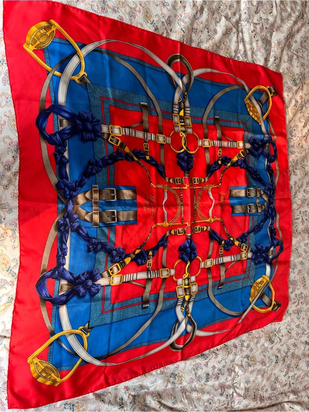Hermes Vintage Grand Manage 90 Red, Blue & Gold Equestrian Silk Scarf